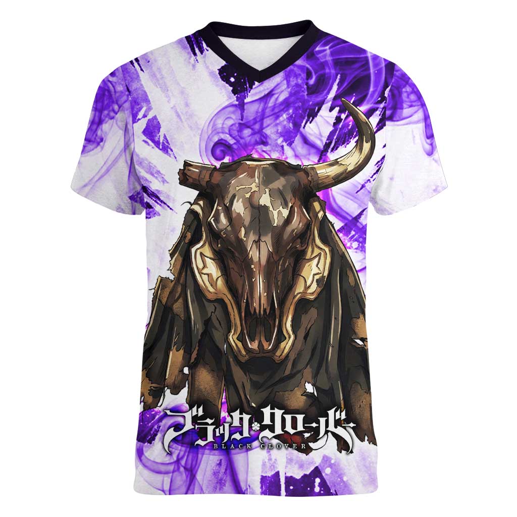 Yami Sukehiro Black Clover Women V-Neck T-Shirt Dark Magic Anime Style with Purple Smoke and Bull Emblem