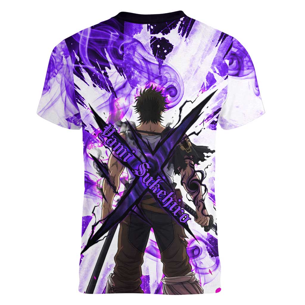 Yami Sukehiro Black Clover Women V-Neck T-Shirt Dark Magic Anime Style with Purple Smoke and Bull Emblem
