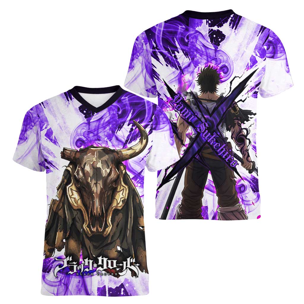 Yami Sukehiro Black Clover Women V-Neck T-Shirt Dark Magic Anime Style with Purple Smoke and Bull Emblem