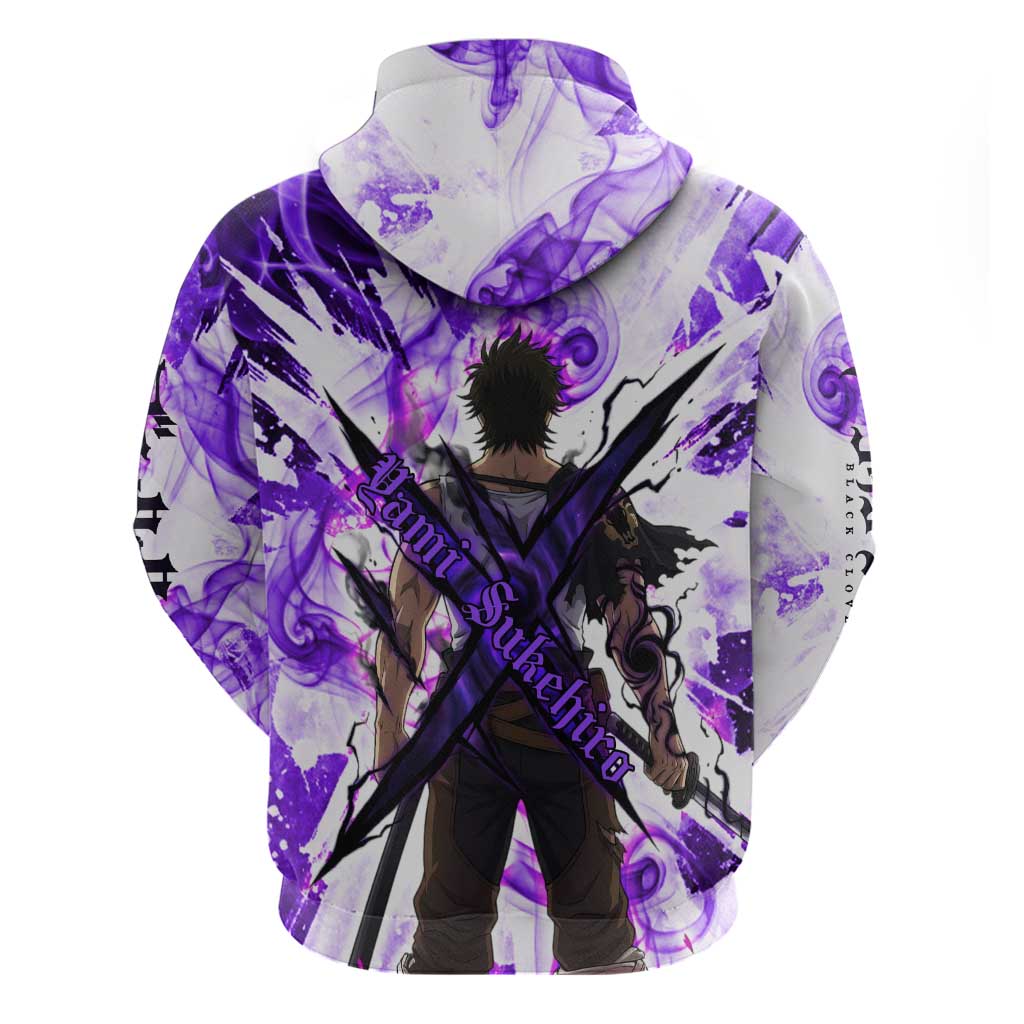 Yami Sukehiro Black Clover Zip Hoodie Dark Magic Anime Style with Purple Smoke and Bull Emblem