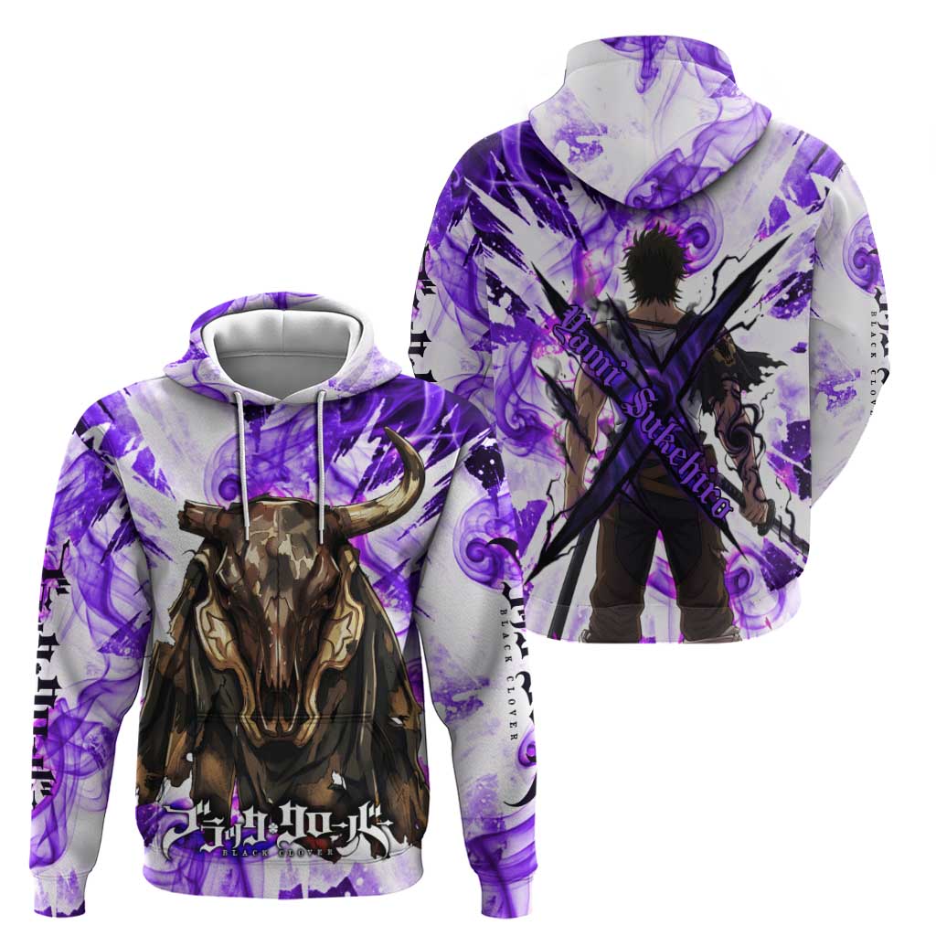 Yami Sukehiro Black Clover Zip Hoodie Dark Magic Anime Style with Purple Smoke and Bull Emblem