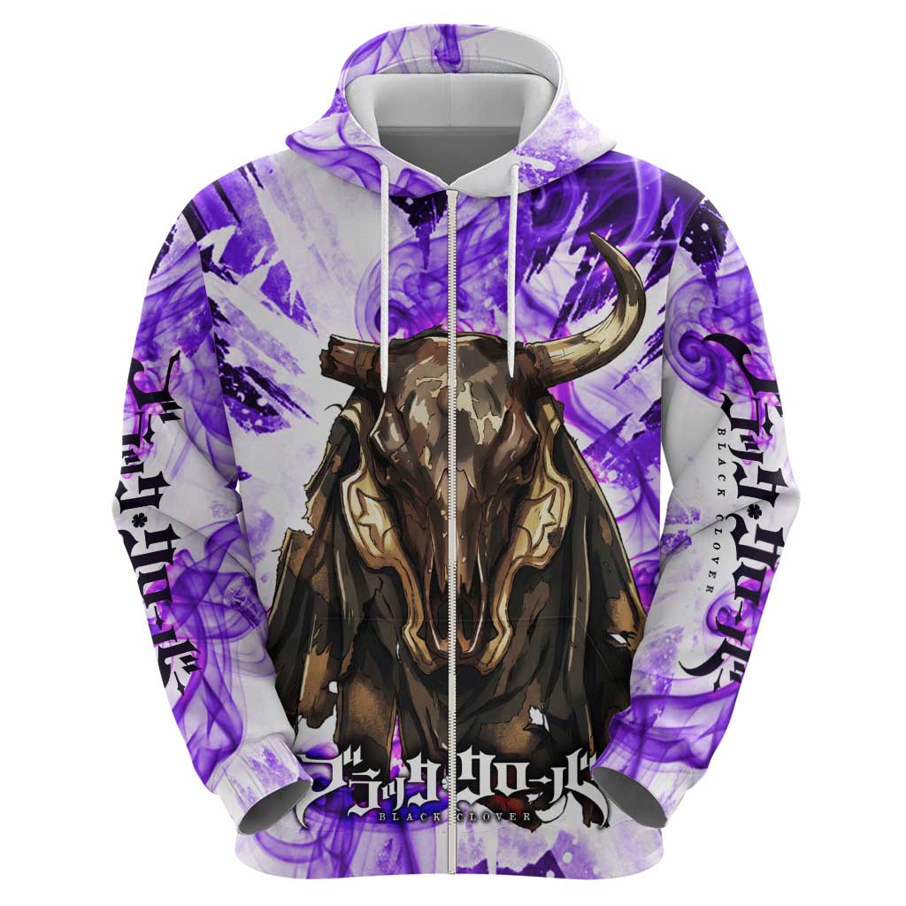 Yami Sukehiro Black Clover Zip Hoodie Dark Magic Anime Style with Purple Smoke and Bull Emblem