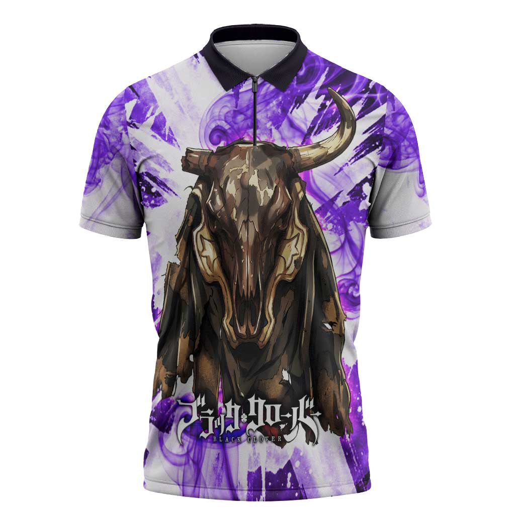 Yami Sukehiro Black Clover Zipper Polo Shirt Dark Magic Anime Style with Purple Smoke and Bull Emblem