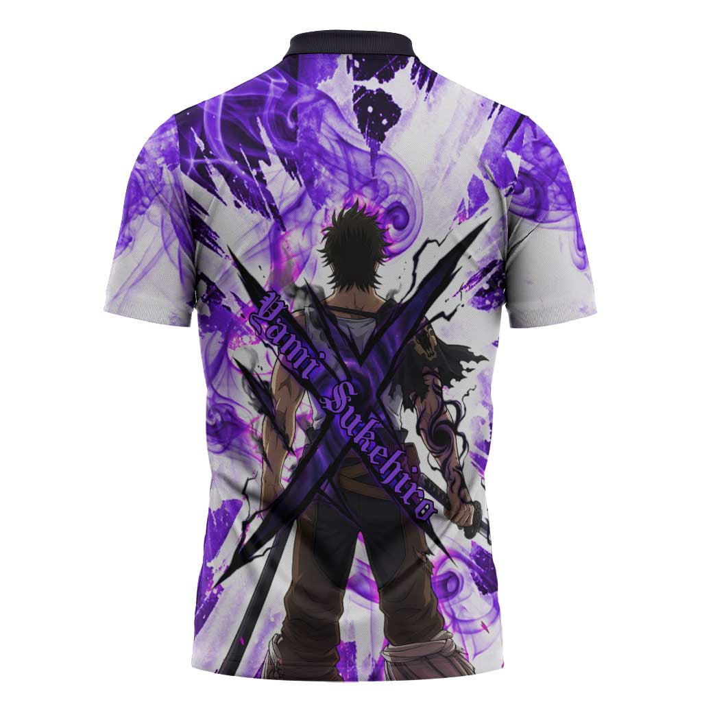 Yami Sukehiro Black Clover Zipper Polo Shirt Dark Magic Anime Style with Purple Smoke and Bull Emblem
