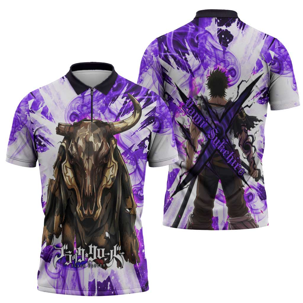 Yami Sukehiro Black Clover Zipper Polo Shirt Dark Magic Anime Style with Purple Smoke and Bull Emblem