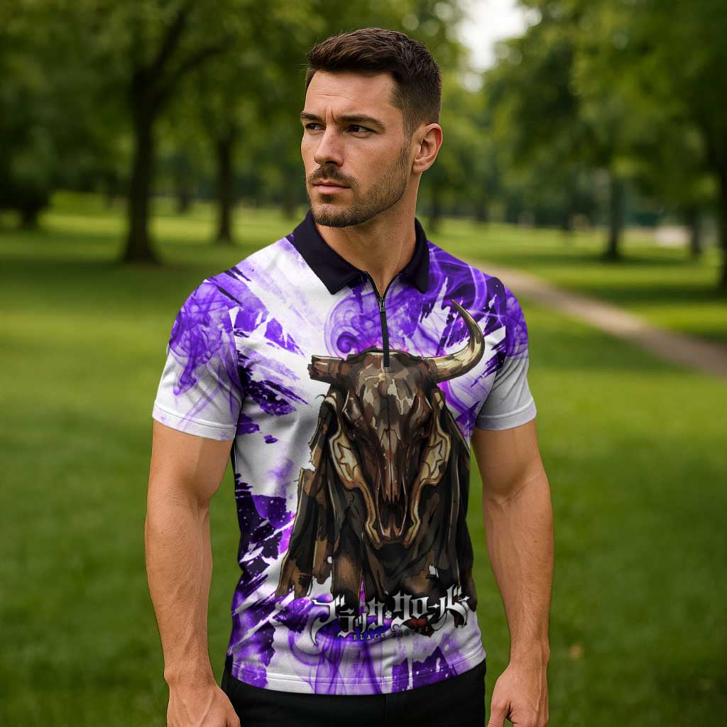 Yami Sukehiro Black Clover Zipper Polo Shirt Dark Magic Anime Style with Purple Smoke and Bull Emblem