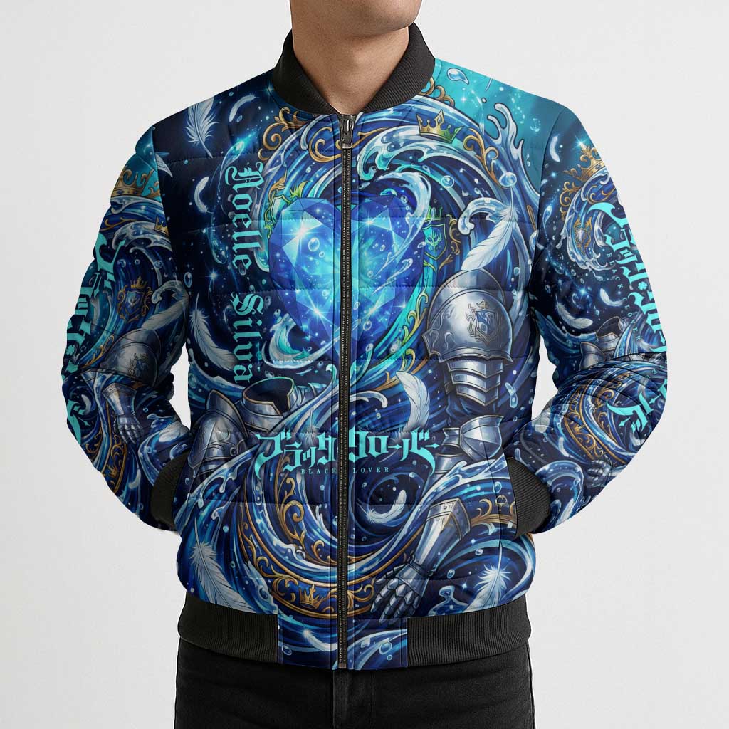 Noelle Silva Black Clover Bomber Puffer Jacket Celestial Armor Anime Style with Oceanic Magic Swirls