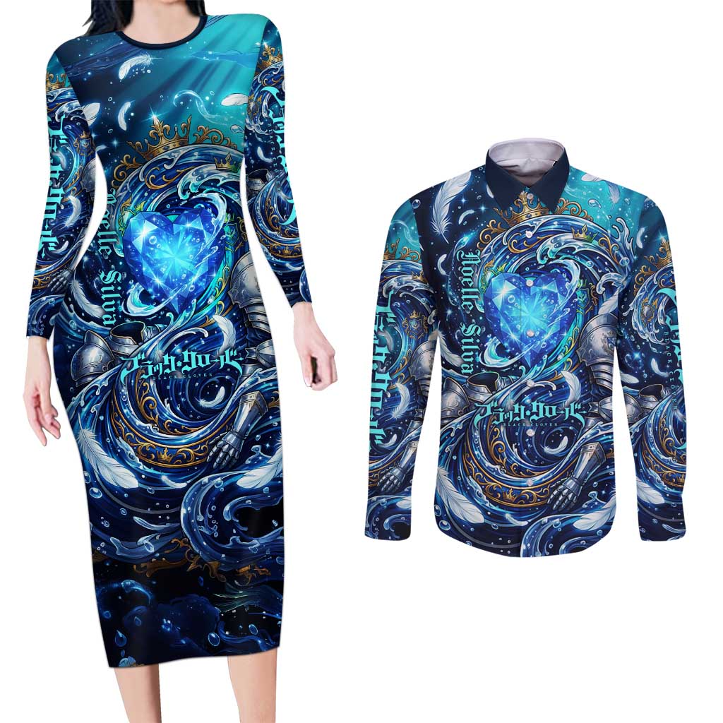 Noelle Silva Black Clover Couples Matching Long Sleeve Bodycon Dress and Long Sleeve Button Shirt Celestial Armor Anime Style with Oceanic Magic Swirls