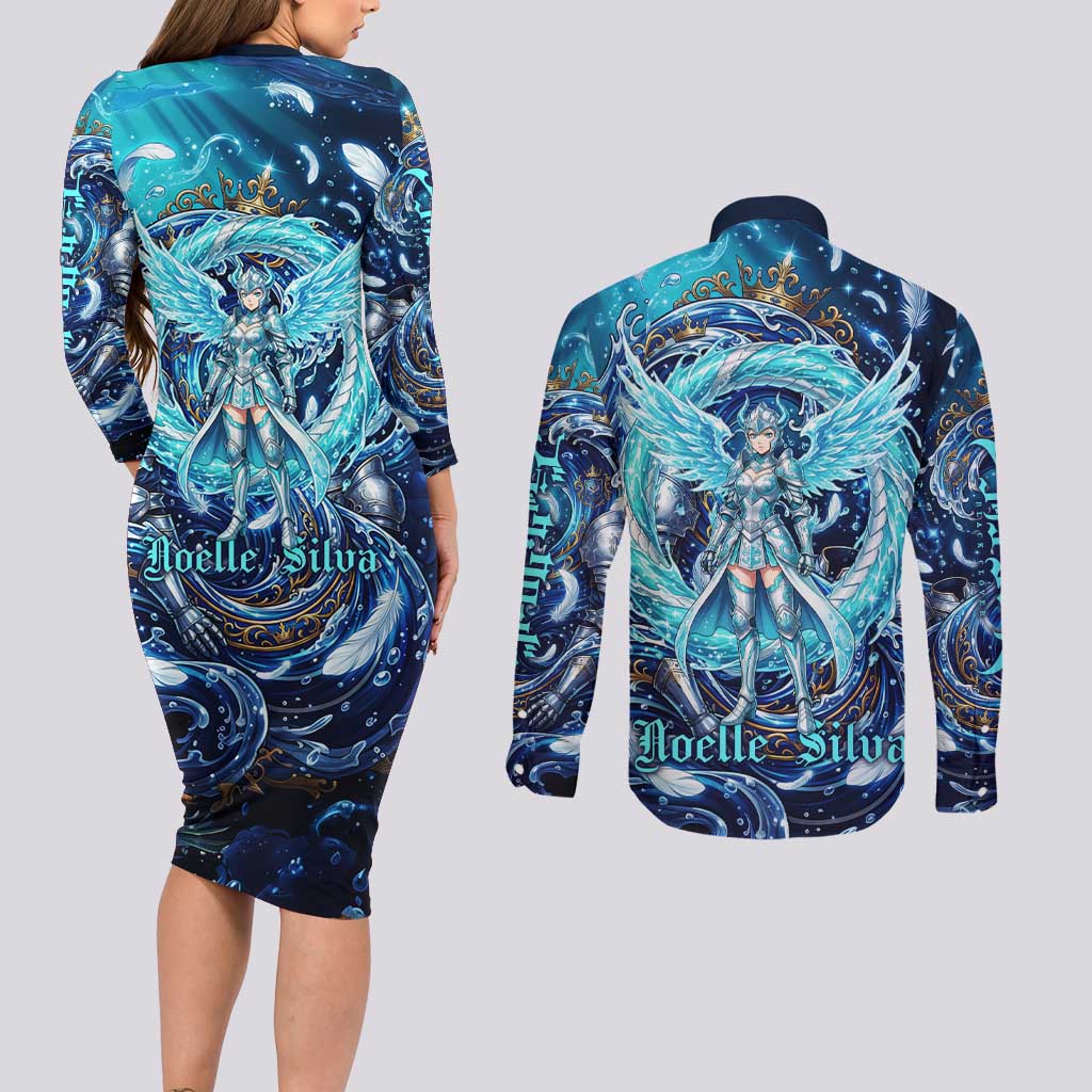 Noelle Silva Black Clover Couples Matching Long Sleeve Bodycon Dress and Long Sleeve Button Shirt Celestial Armor Anime Style with Oceanic Magic Swirls