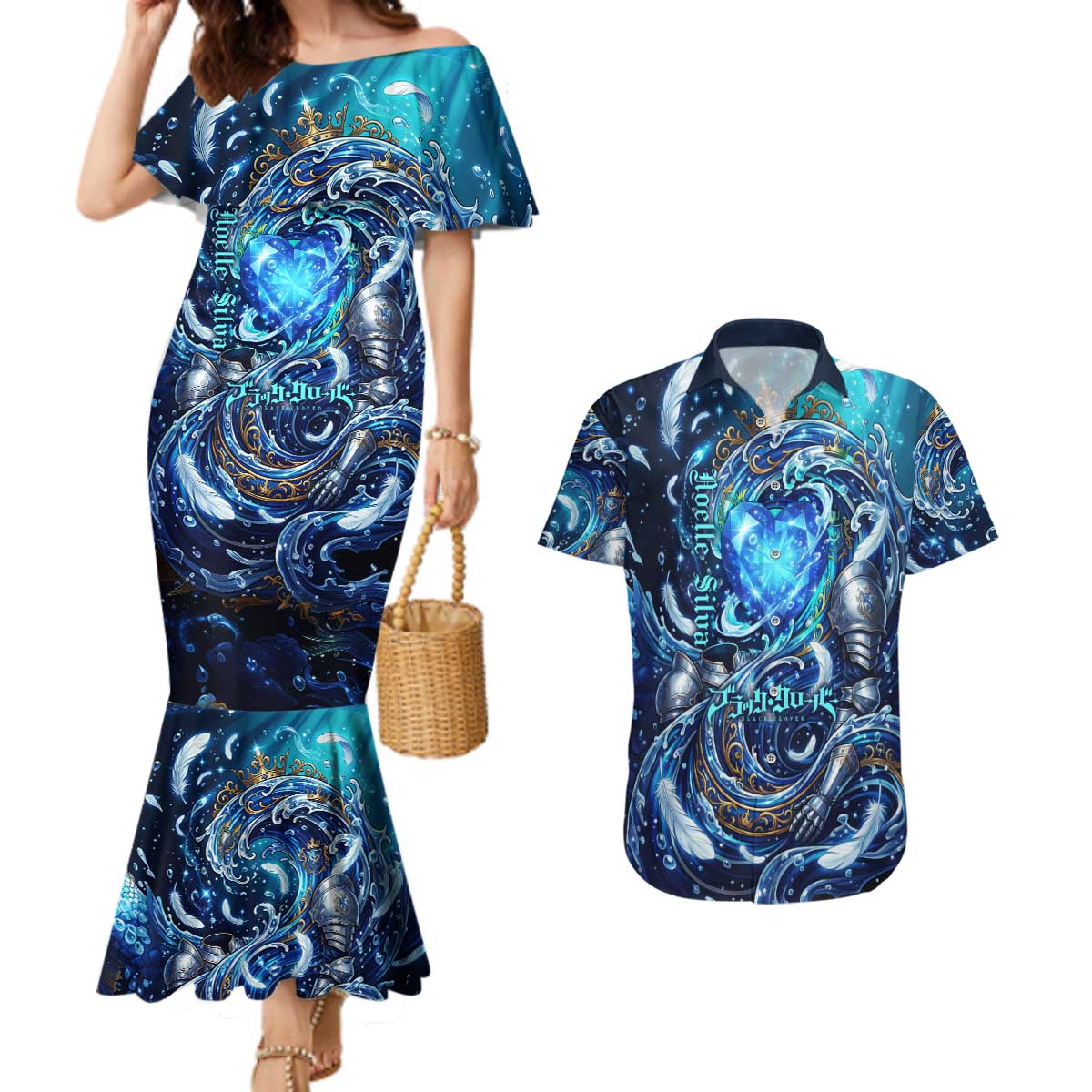 Noelle Silva Black Clover Couples Matching Mermaid Dress and Hawaiian Shirt Celestial Armor Anime Style with Oceanic Magic Swirls