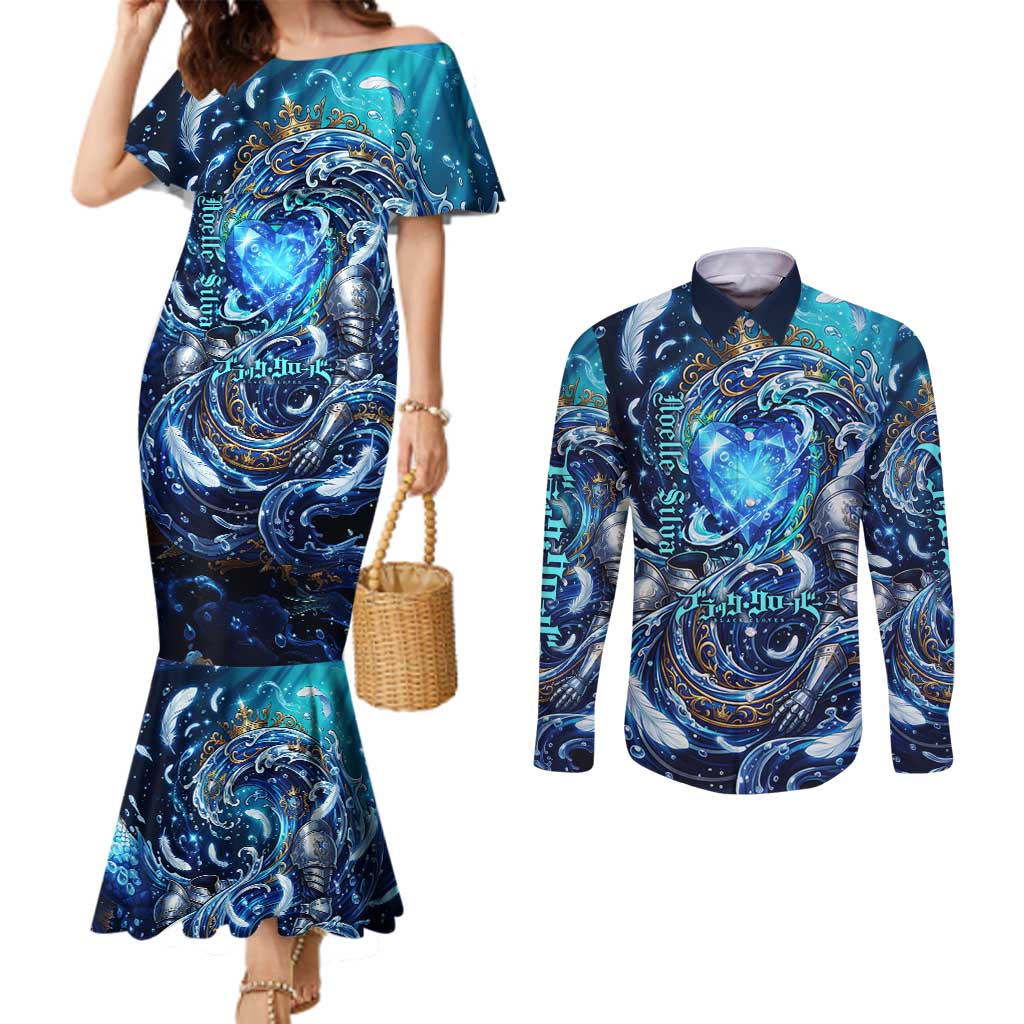 Noelle Silva Black Clover Couples Matching Mermaid Dress and Long Sleeve Button Shirt Celestial Armor Anime Style with Oceanic Magic Swirls