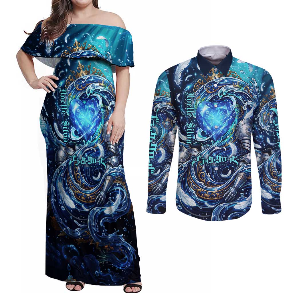 Noelle Silva Black Clover Couples Matching Off Shoulder Maxi Dress and Long Sleeve Button Shirt Celestial Armor Anime Style with Oceanic Magic Swirls