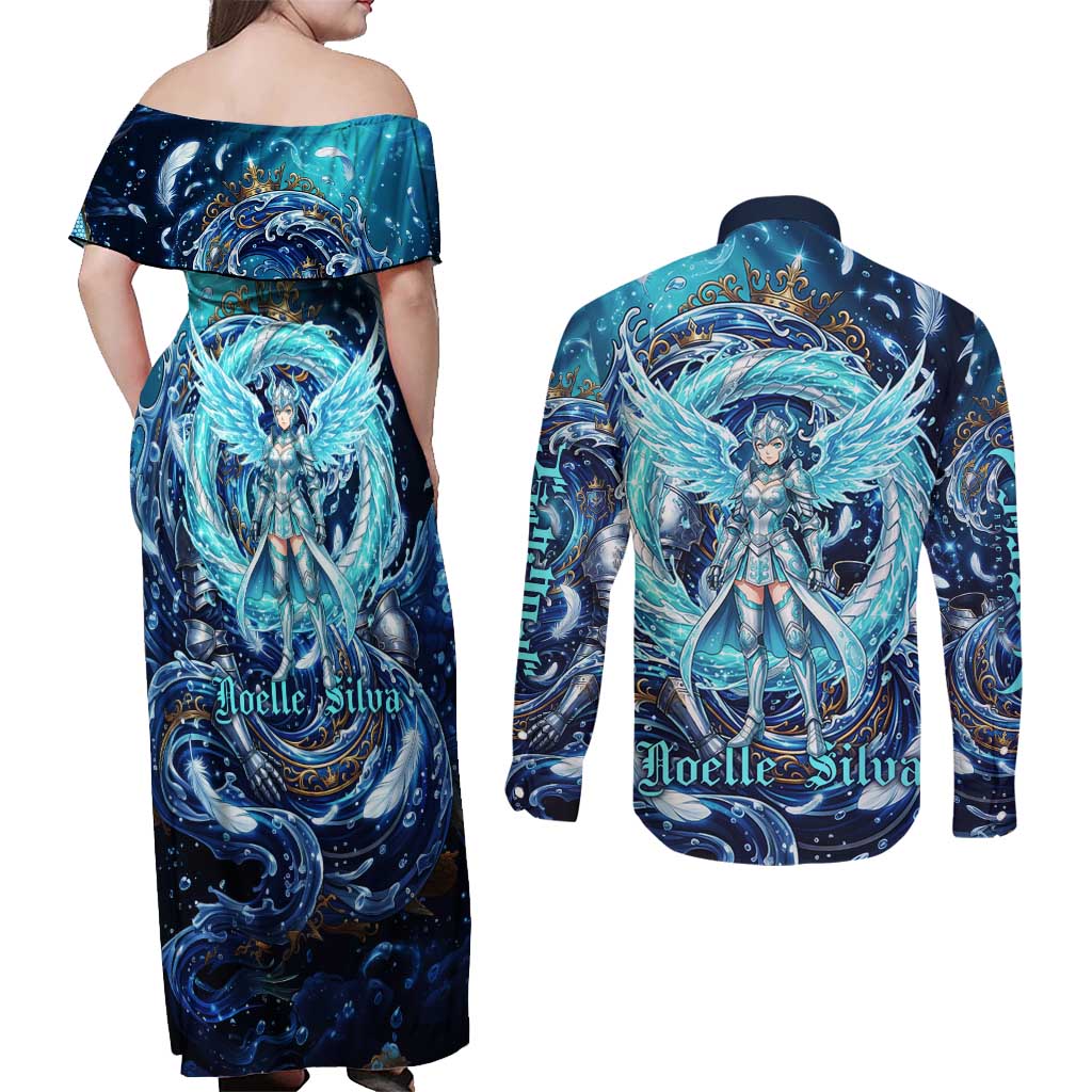 Noelle Silva Black Clover Couples Matching Off Shoulder Maxi Dress and Long Sleeve Button Shirt Celestial Armor Anime Style with Oceanic Magic Swirls
