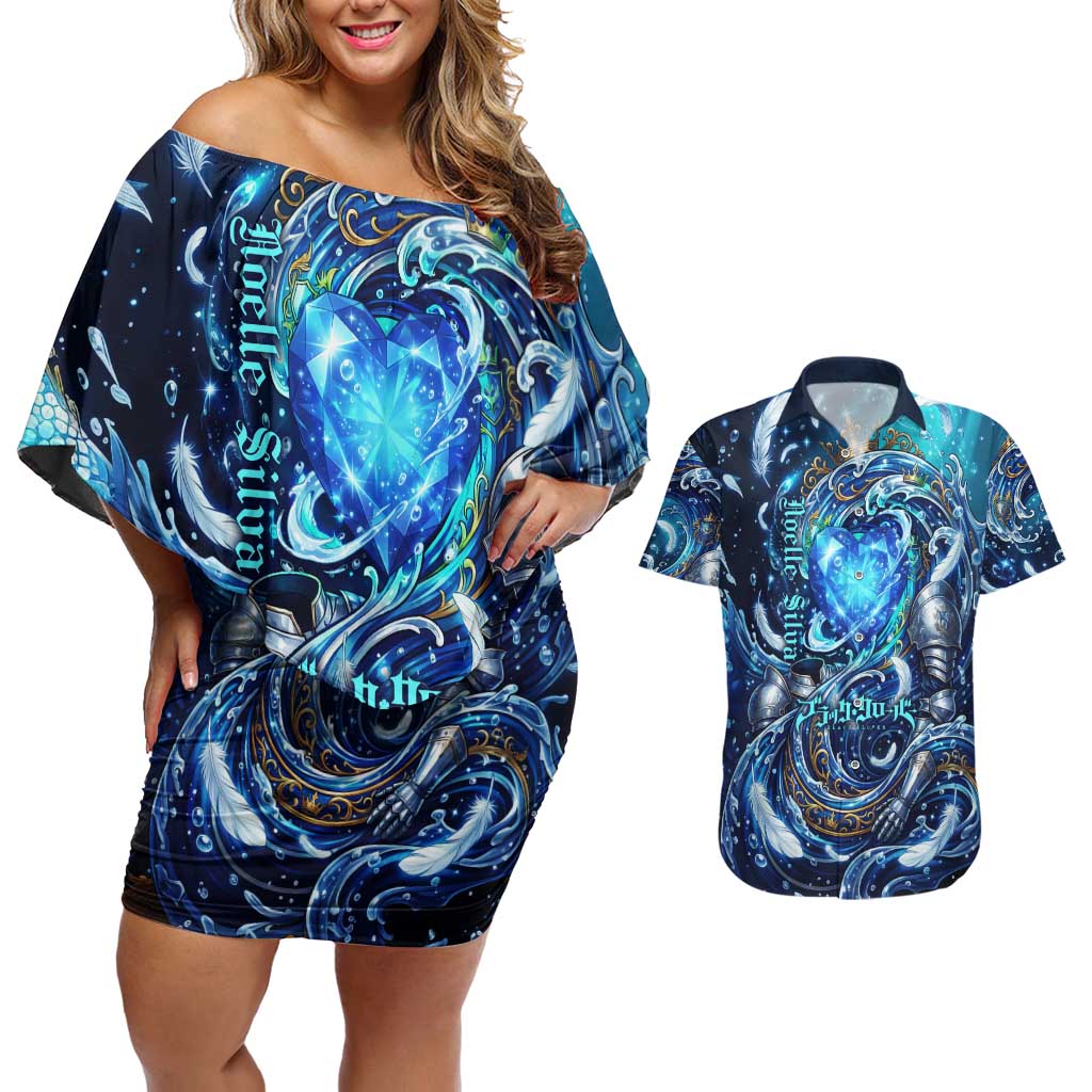 Noelle Silva Black Clover Couples Matching Off Shoulder Short Dress and Hawaiian Shirt Celestial Armor Anime Style with Oceanic Magic Swirls