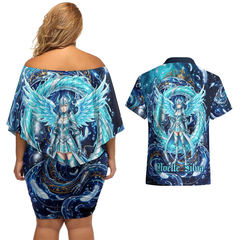 Noelle Silva Black Clover Couples Matching Off Shoulder Short Dress and Hawaiian Shirt Celestial Armor Anime Style with Oceanic Magic Swirls