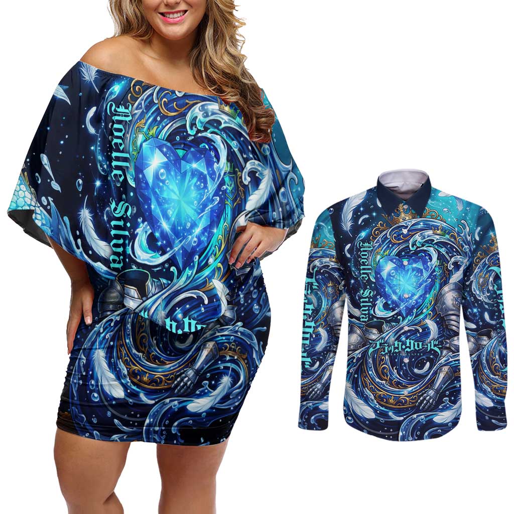 Noelle Silva Black Clover Couples Matching Off Shoulder Short Dress and Long Sleeve Button Shirt Celestial Armor Anime Style with Oceanic Magic Swirls