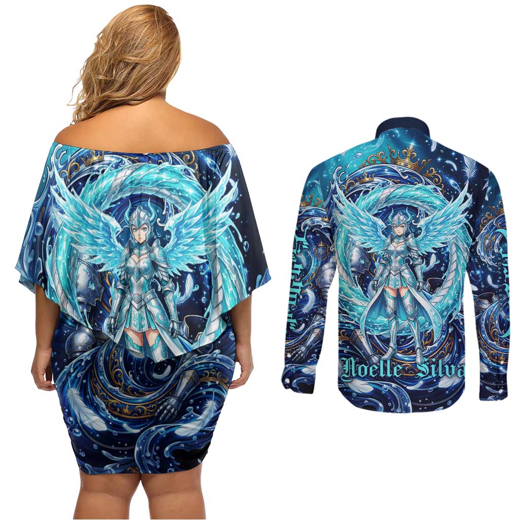 Noelle Silva Black Clover Couples Matching Off Shoulder Short Dress and Long Sleeve Button Shirt Celestial Armor Anime Style with Oceanic Magic Swirls