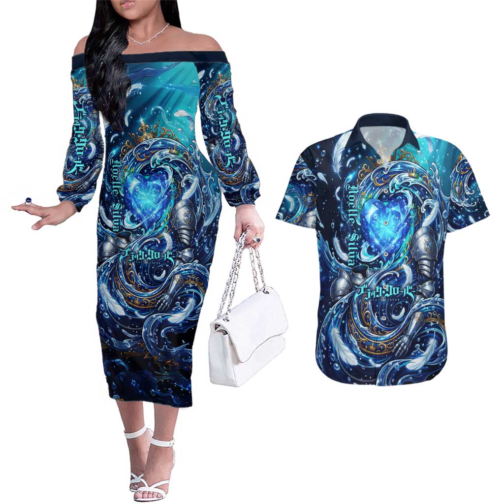 Noelle Silva Black Clover Couples Matching Off The Shoulder Long Sleeve Dress and Hawaiian Shirt Celestial Armor Anime Style with Oceanic Magic Swirls