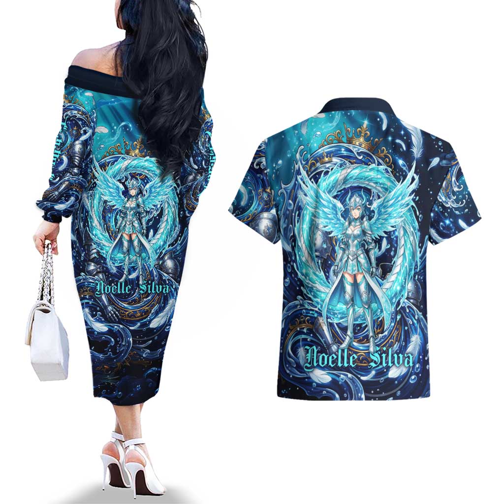 Noelle Silva Black Clover Couples Matching Off The Shoulder Long Sleeve Dress and Hawaiian Shirt Celestial Armor Anime Style with Oceanic Magic Swirls