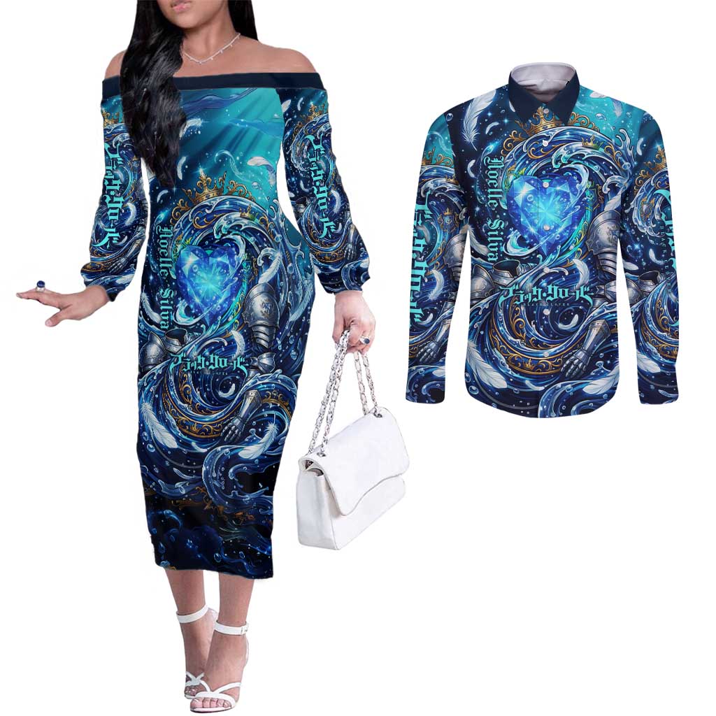 Noelle Silva Black Clover Couples Matching Off The Shoulder Long Sleeve Dress and Long Sleeve Button Shirt Celestial Armor Anime Style with Oceanic Magic Swirls