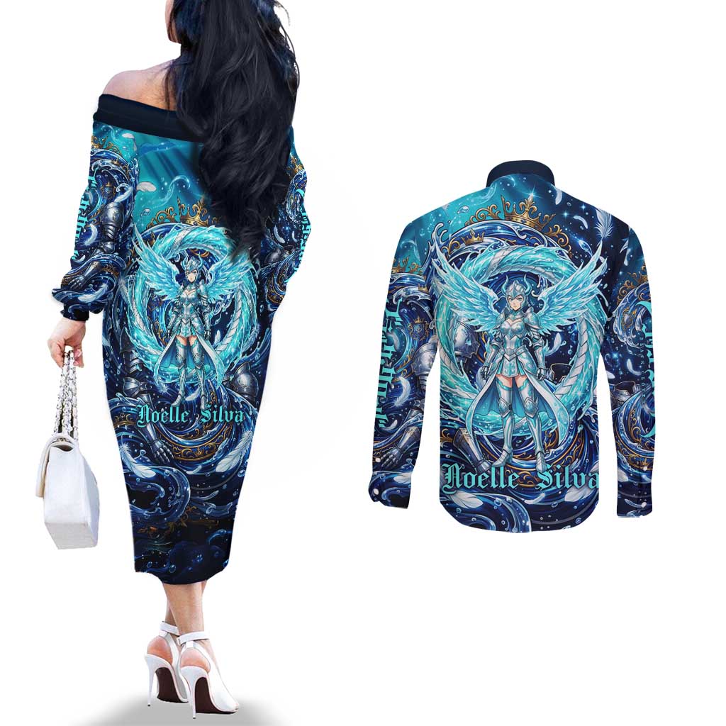 Noelle Silva Black Clover Couples Matching Off The Shoulder Long Sleeve Dress and Long Sleeve Button Shirt Celestial Armor Anime Style with Oceanic Magic Swirls