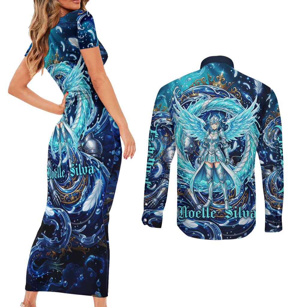 Noelle Silva Black Clover Couples Matching Short Sleeve Bodycon Dress and Long Sleeve Button Shirt Celestial Armor Anime Style with Oceanic Magic Swirls