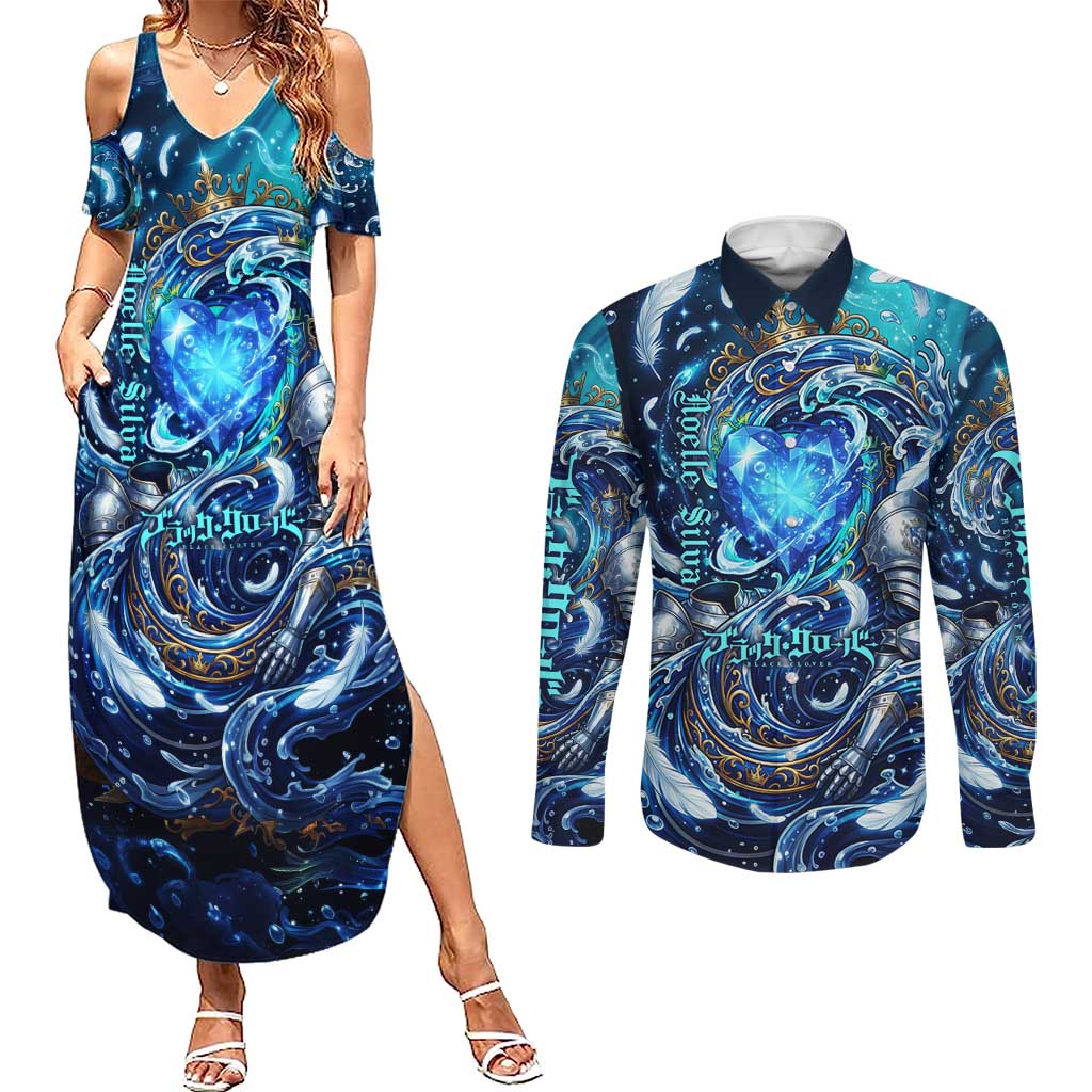 Noelle Silva Black Clover Couples Matching Summer Maxi Dress and Long Sleeve Button Shirt Celestial Armor Anime Style with Oceanic Magic Swirls