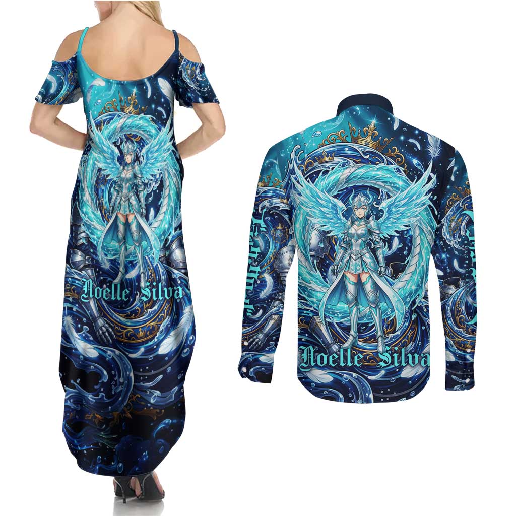 Noelle Silva Black Clover Couples Matching Summer Maxi Dress and Long Sleeve Button Shirt Celestial Armor Anime Style with Oceanic Magic Swirls