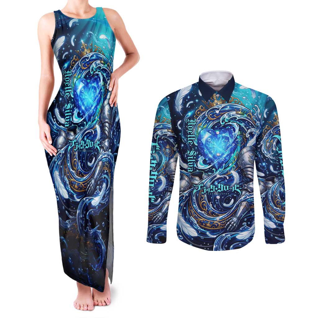 Noelle Silva Black Clover Couples Matching Tank Maxi Dress and Long Sleeve Button Shirt Celestial Armor Anime Style with Oceanic Magic Swirls