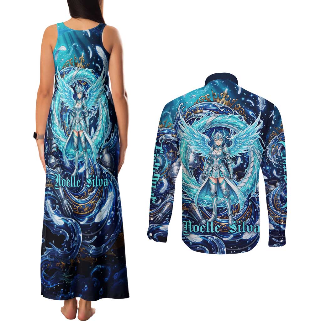 Noelle Silva Black Clover Couples Matching Tank Maxi Dress and Long Sleeve Button Shirt Celestial Armor Anime Style with Oceanic Magic Swirls
