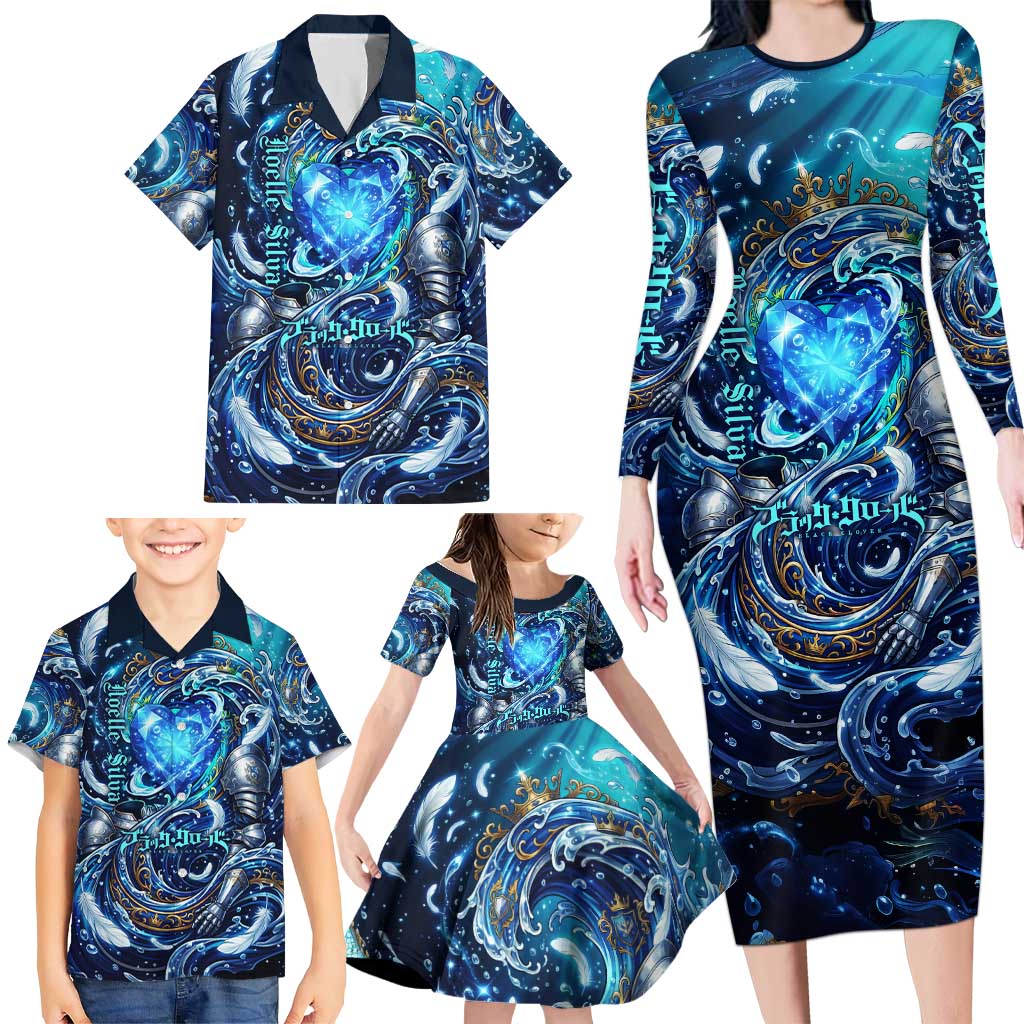 Noelle Silva Black Clover Family Matching Long Sleeve Bodycon Dress and Hawaiian Shirt Celestial Armor Anime Style with Oceanic Magic Swirls
