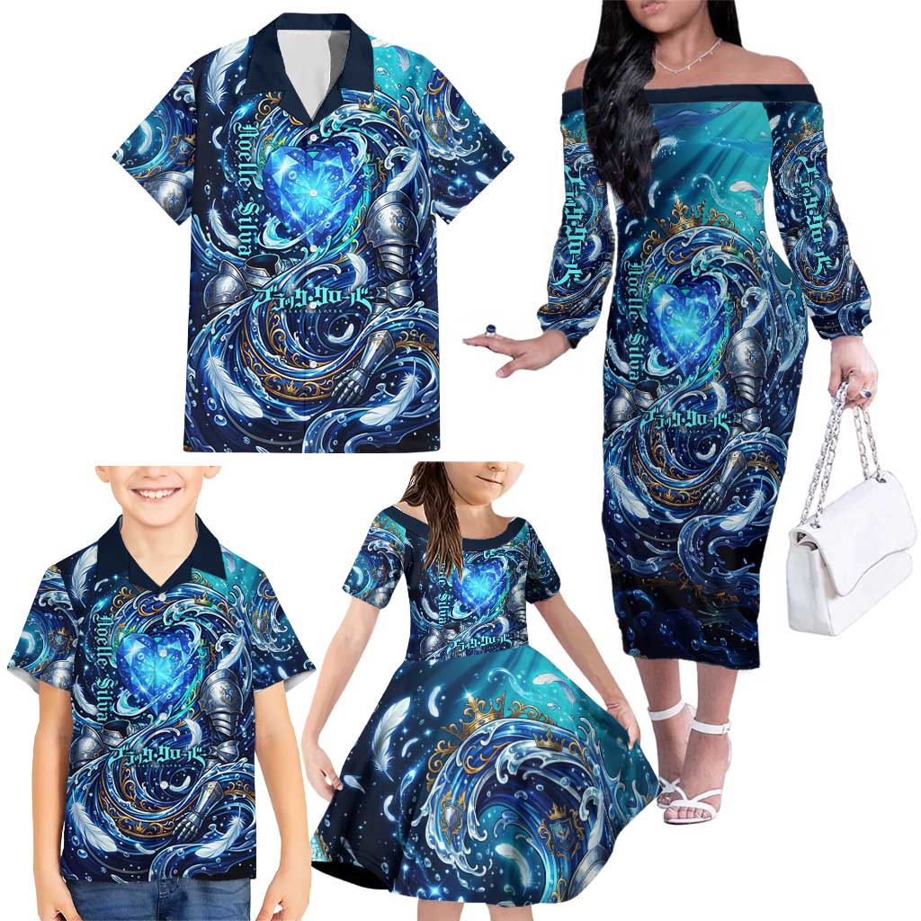 Noelle Silva Black Clover Family Matching Off The Shoulder Long Sleeve Dress and Hawaiian Shirt Celestial Armor Anime Style with Oceanic Magic Swirls