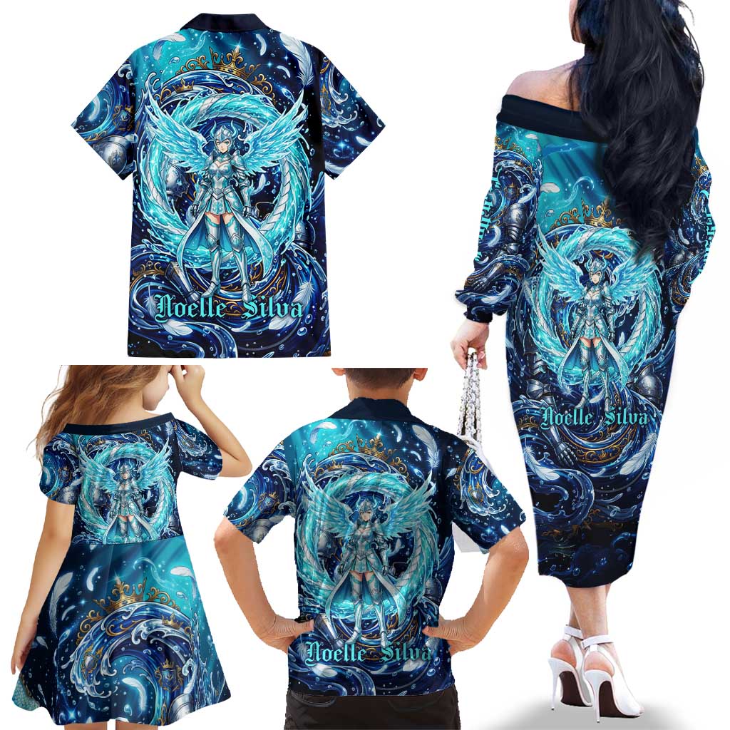 Noelle Silva Black Clover Family Matching Off The Shoulder Long Sleeve Dress and Hawaiian Shirt Celestial Armor Anime Style with Oceanic Magic Swirls