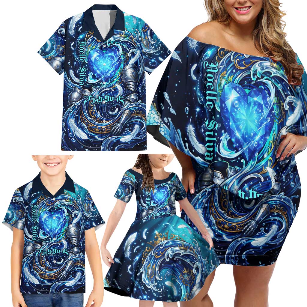 Noelle Silva Black Clover Family Matching Off Shoulder Short Dress and Hawaiian Shirt Celestial Armor Anime Style with Oceanic Magic Swirls