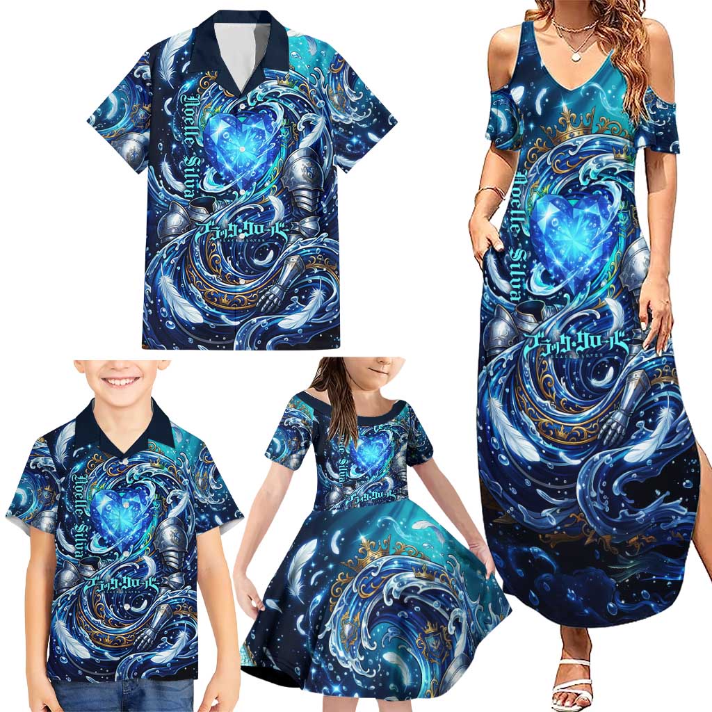 Noelle Silva Black Clover Family Matching Summer Maxi Dress and Hawaiian Shirt Celestial Armor Anime Style with Oceanic Magic Swirls