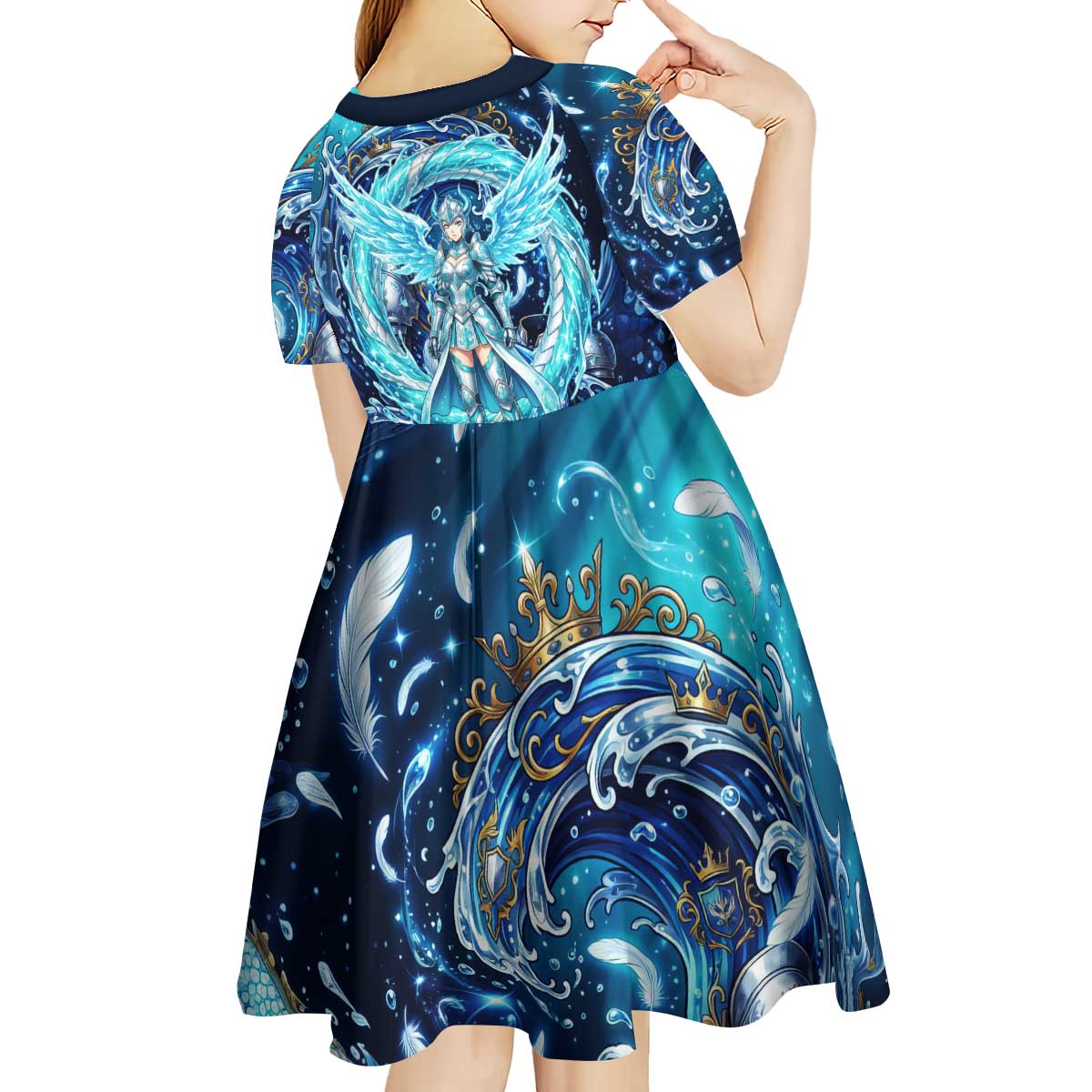 Noelle Silva Black Clover Kid Short Sleeve Dress Celestial Armor Anime Style with Oceanic Magic Swirls
