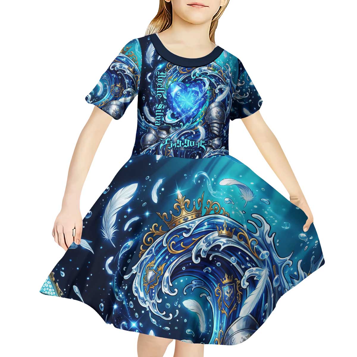 Noelle Silva Black Clover Kid Short Sleeve Dress Celestial Armor Anime Style with Oceanic Magic Swirls