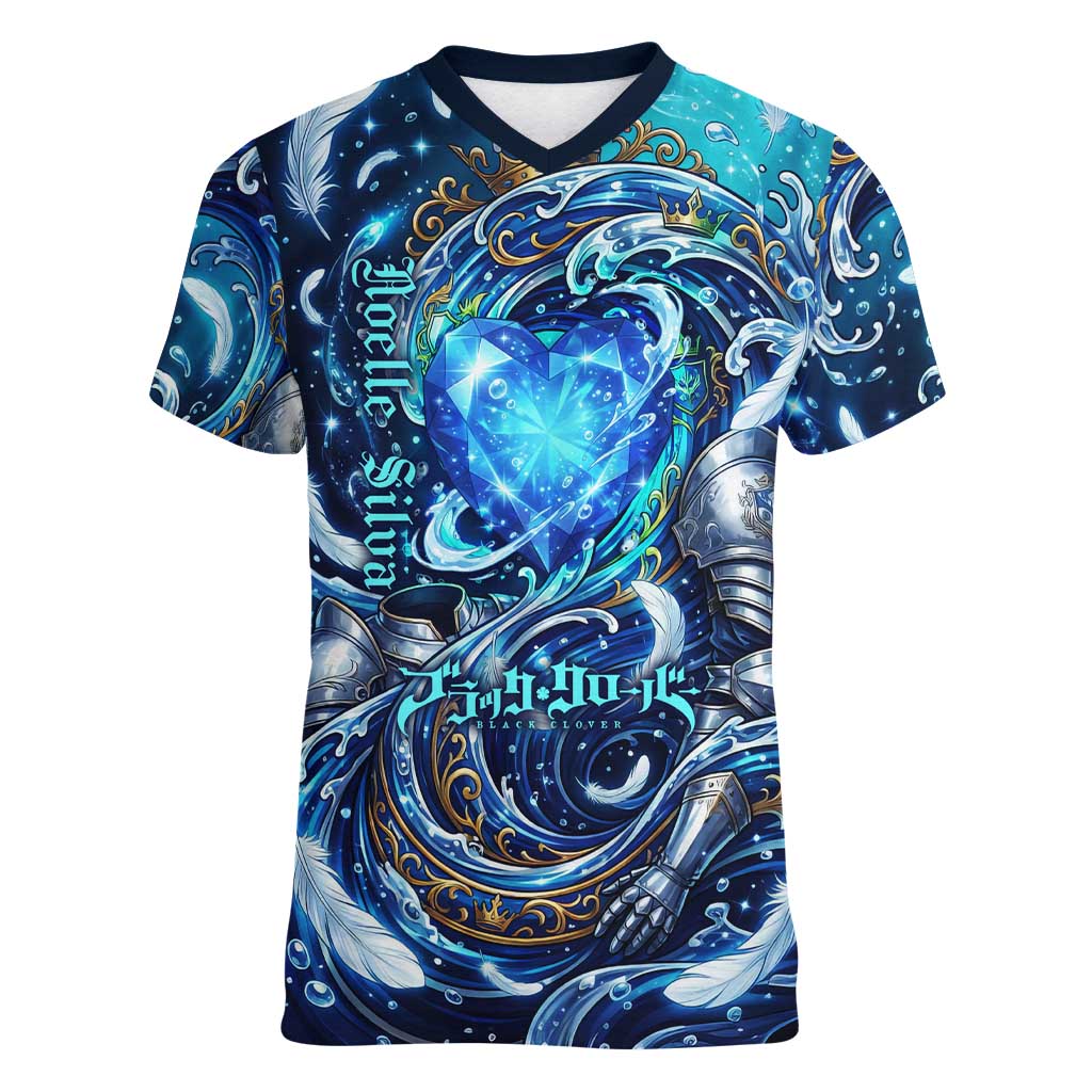 Noelle Silva Black Clover Women V-Neck T-Shirt Celestial Armor Anime Style with Oceanic Magic Swirls