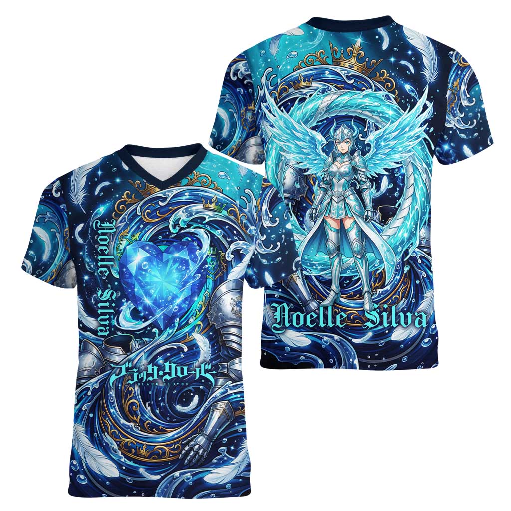 Noelle Silva Black Clover Women V-Neck T-Shirt Celestial Armor Anime Style with Oceanic Magic Swirls