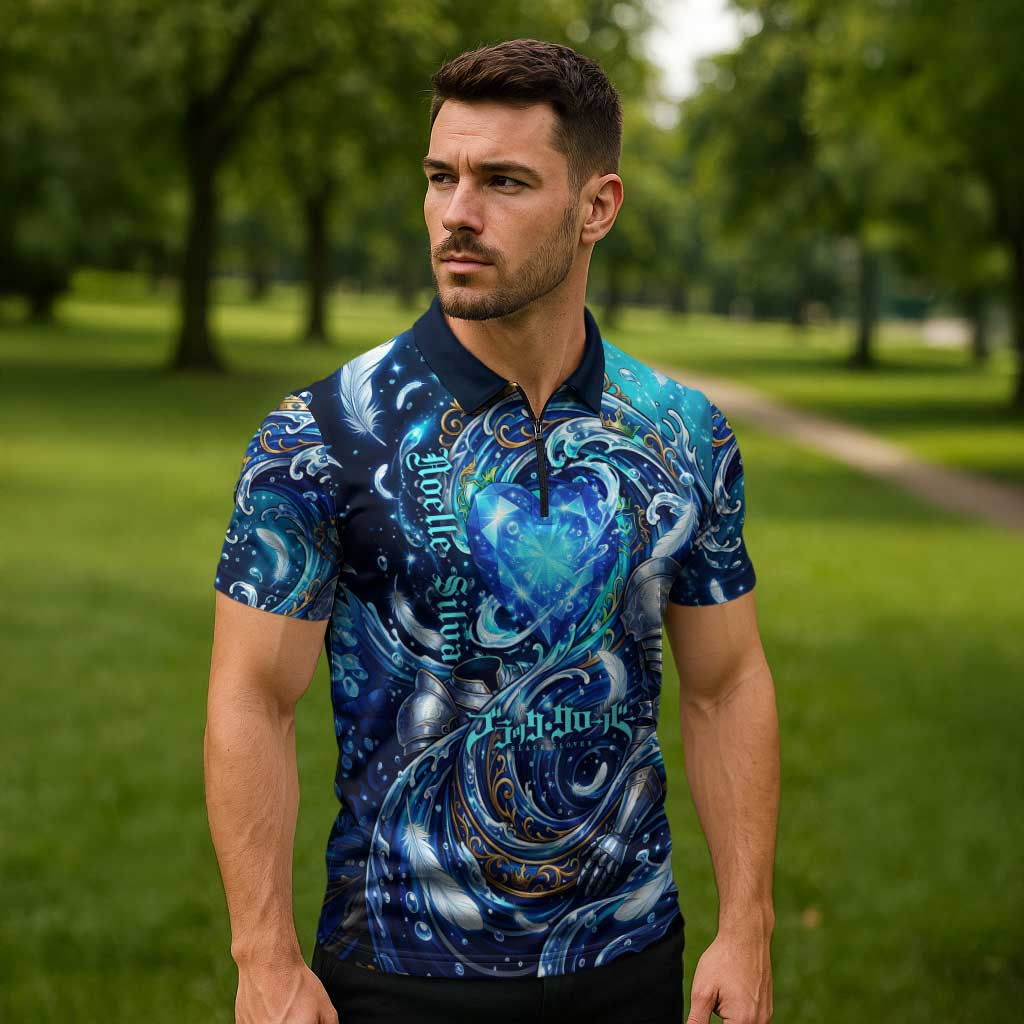 Noelle Silva Black Clover Zipper Polo Shirt Celestial Armor Anime Style with Oceanic Magic Swirls