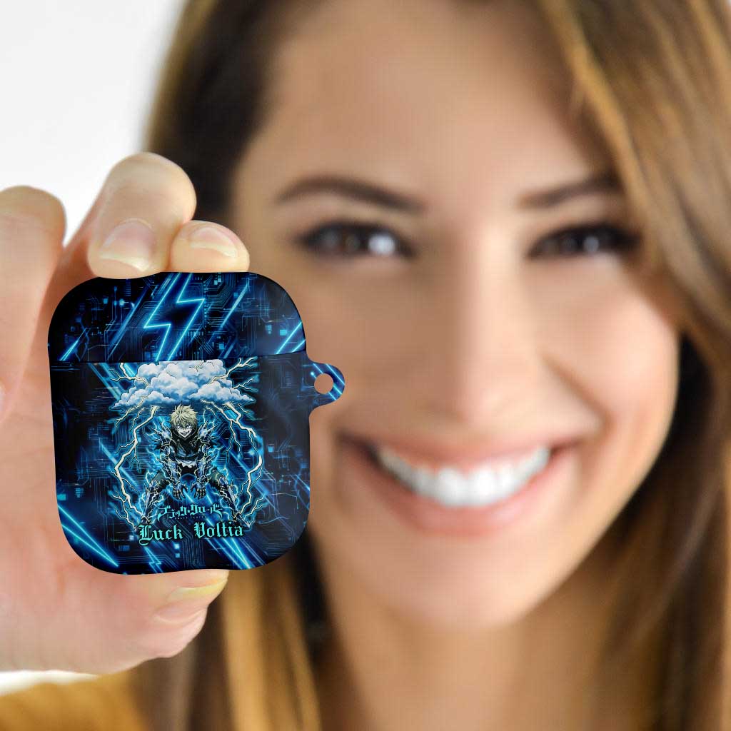 Luck Voltia Black Clover AirPods Case Tech Lightning Anime Style with Electric Circuit Background