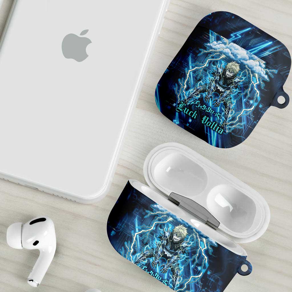Luck Voltia Black Clover AirPods Case Tech Lightning Anime Style with Electric Circuit Background