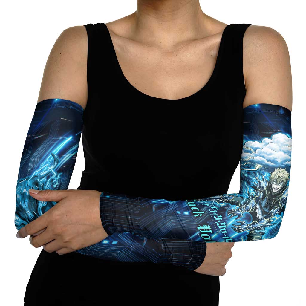 Luck Voltia Black Clover Arm Sleeves Tech Lightning Anime Style with Electric Circuit Background