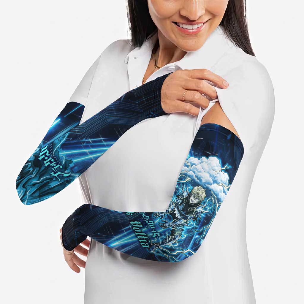 Luck Voltia Black Clover Arm Sleeves Tech Lightning Anime Style with Electric Circuit Background