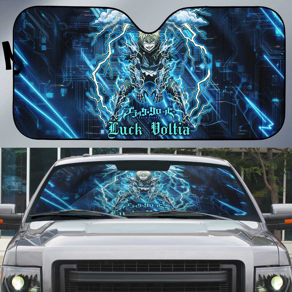 Luck Voltia Black Clover Auto Sun Shade Tech Lightning Anime Style with Electric Circuit Background