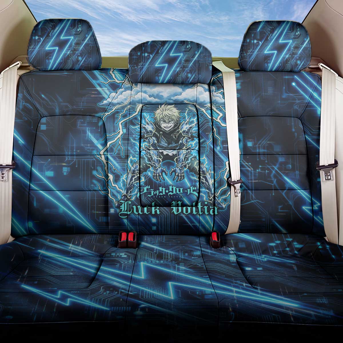 Luck Voltia Black Clover Back Car Seat Cover Tech Lightning Anime Style with Electric Circuit Background