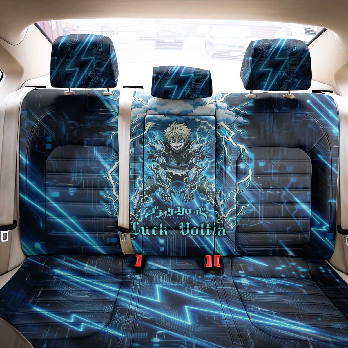 Luck Voltia Black Clover Back Car Seat Cover Tech Lightning Anime Style with Electric Circuit Background