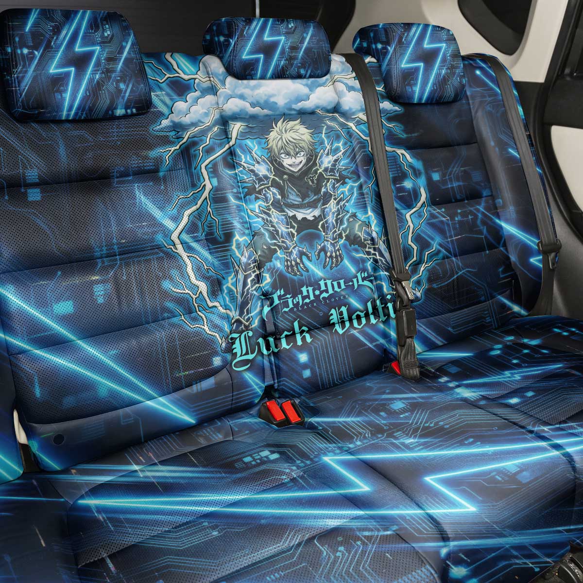 Luck Voltia Black Clover Back Car Seat Cover Tech Lightning Anime Style with Electric Circuit Background
