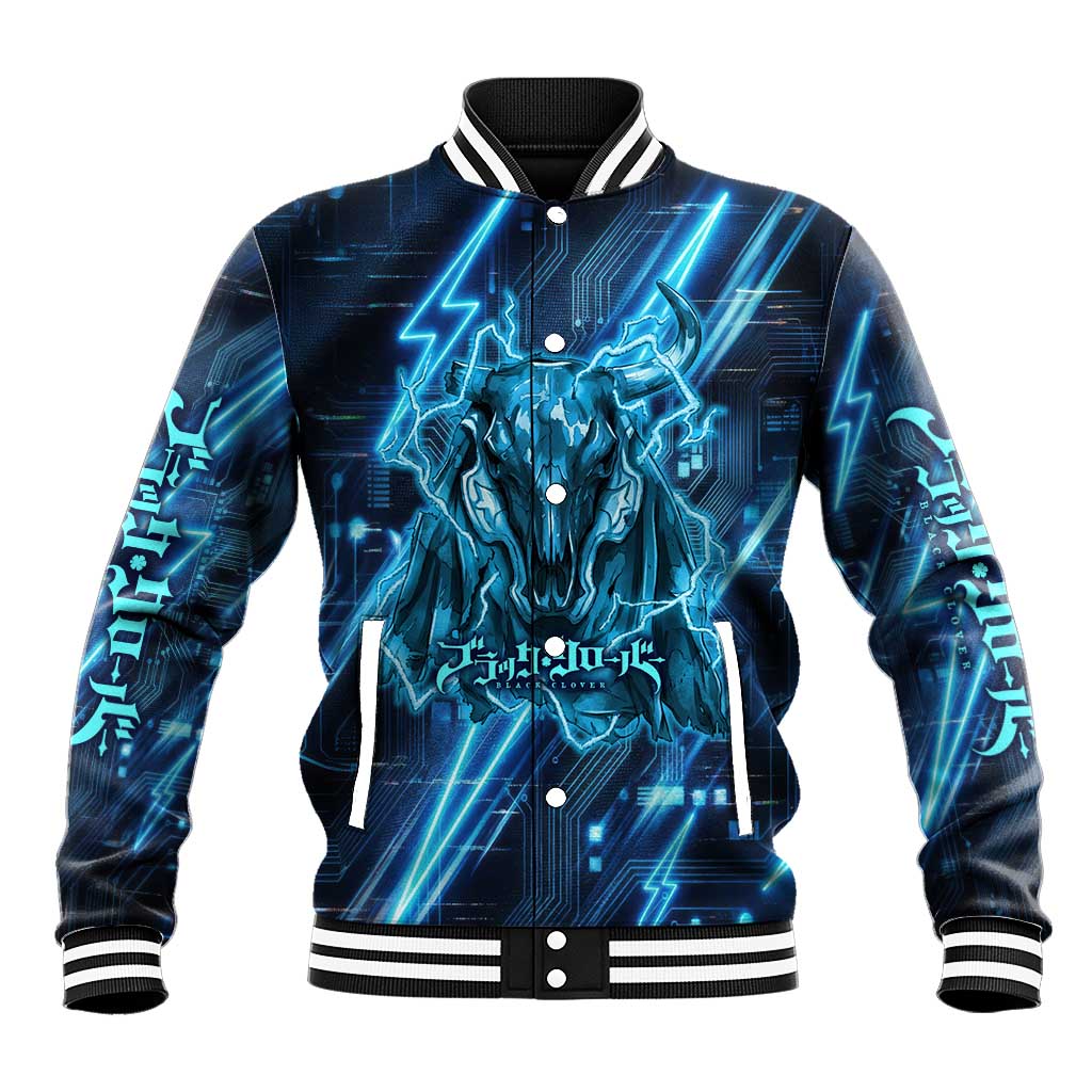 Luck Voltia Black Clover Baseball Jacket Tech Lightning Anime Style with Electric Circuit Background