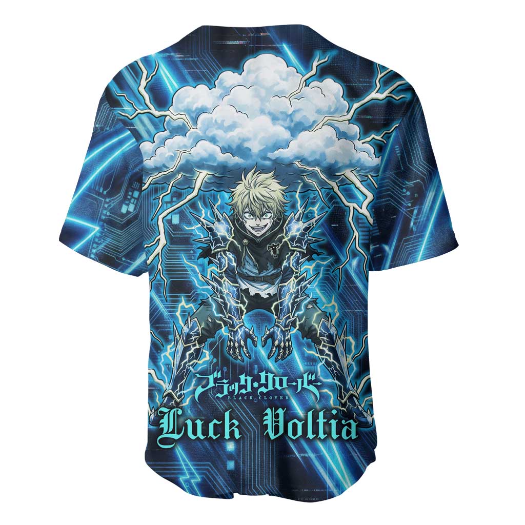 Luck Voltia Black Clover Baseball Jersey Tech Lightning Anime Style with Electric Circuit Background